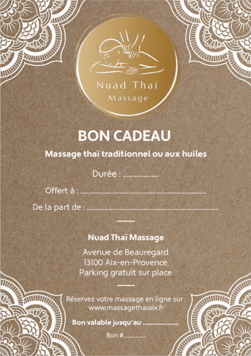 Le bon cadeau Nuad Thaï Massage, en papier kraft et doré