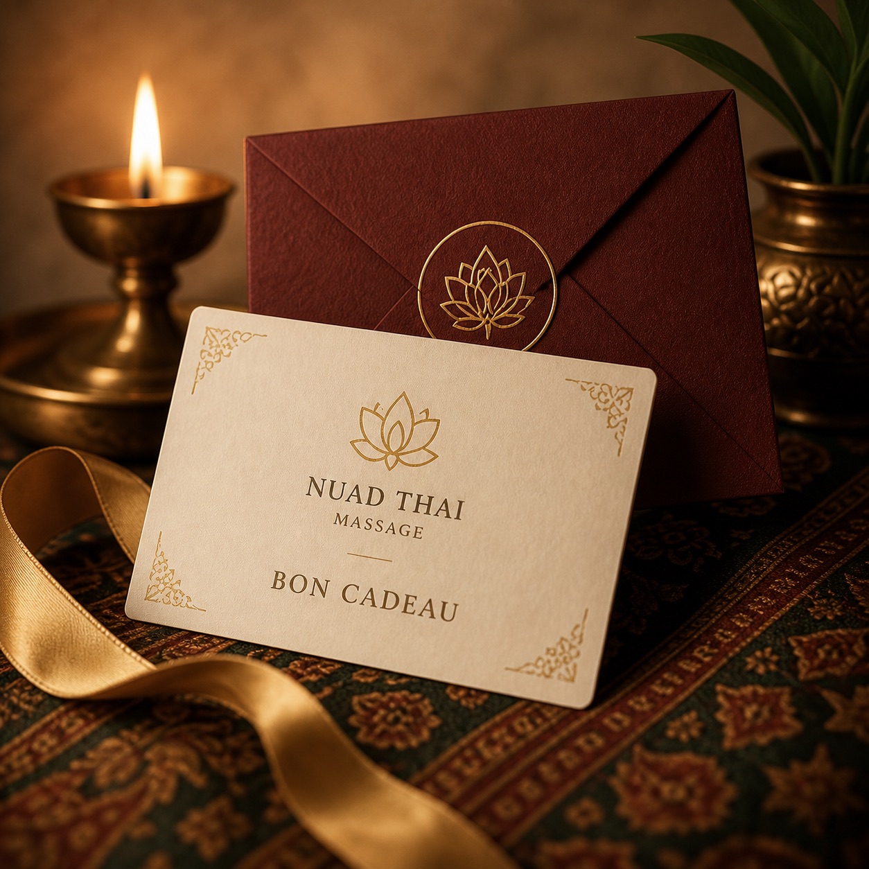 Une carte cadeau Nuad Thaï Massage posée devant une enveloppe bordeaux fermée d'un sceau doré en forme de lotus, près d'une bougie et d'un ruban de satin doré